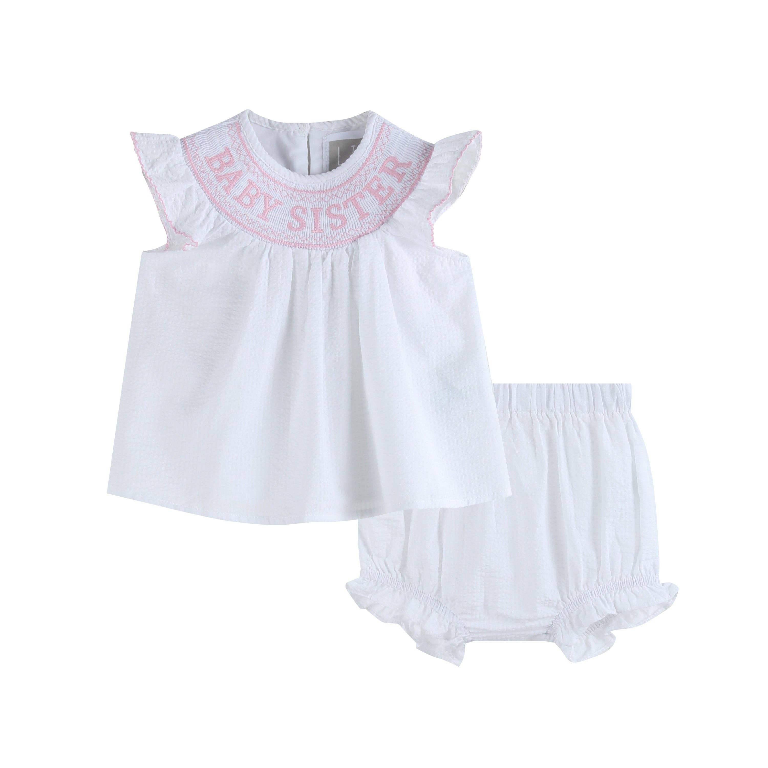 White Baby Sister Smocked Dress and Bloomer Set - LuLLabY LaNe