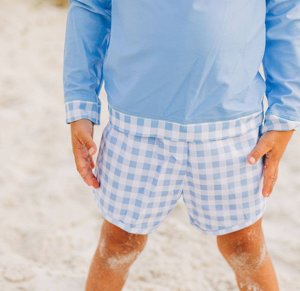 Boys Summer Swim Shorts - Blue Gingham - LuLLabY LaNe