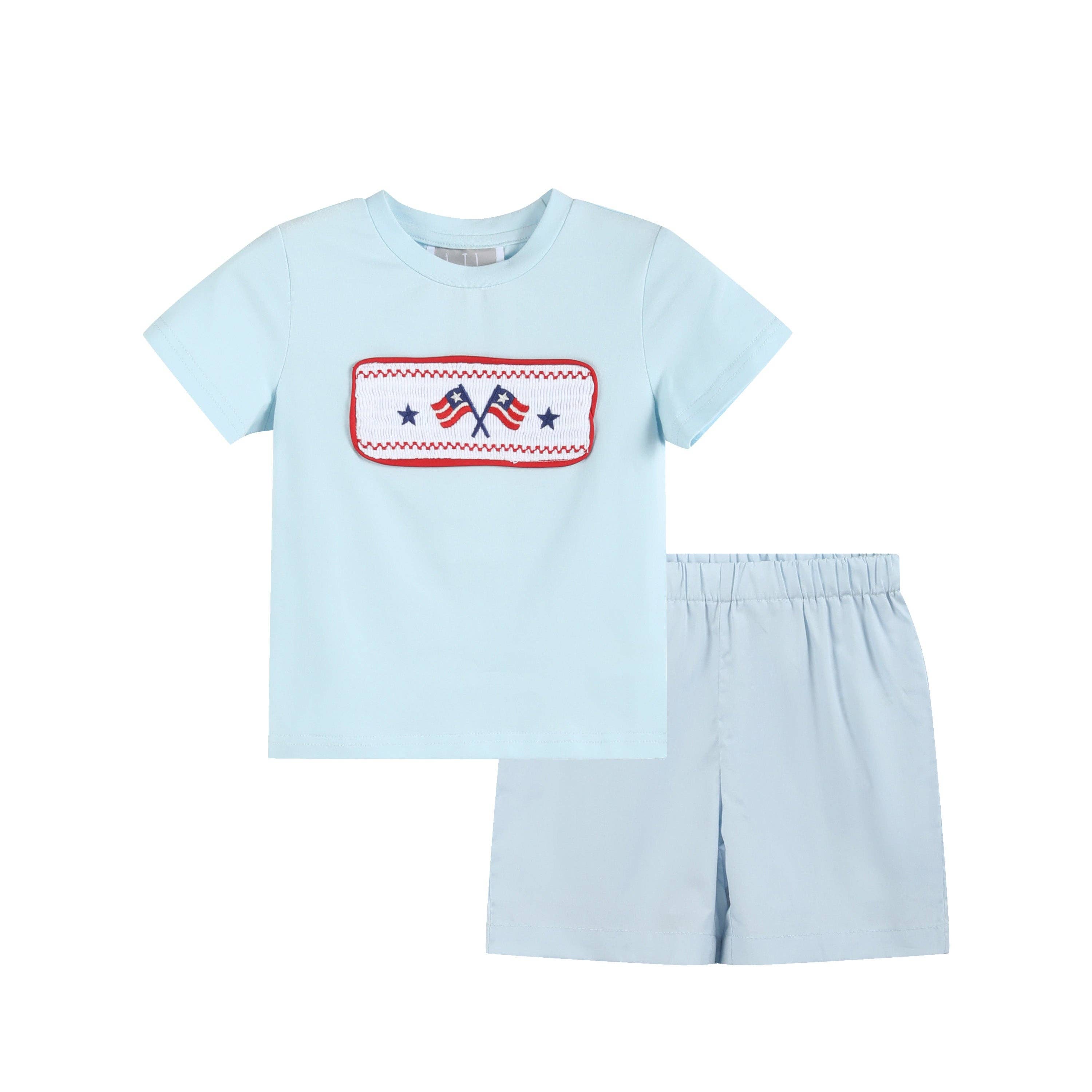 Light Blue USA Flag Smocked T-Shirt and Shorts Set - LuLLabY LaNe