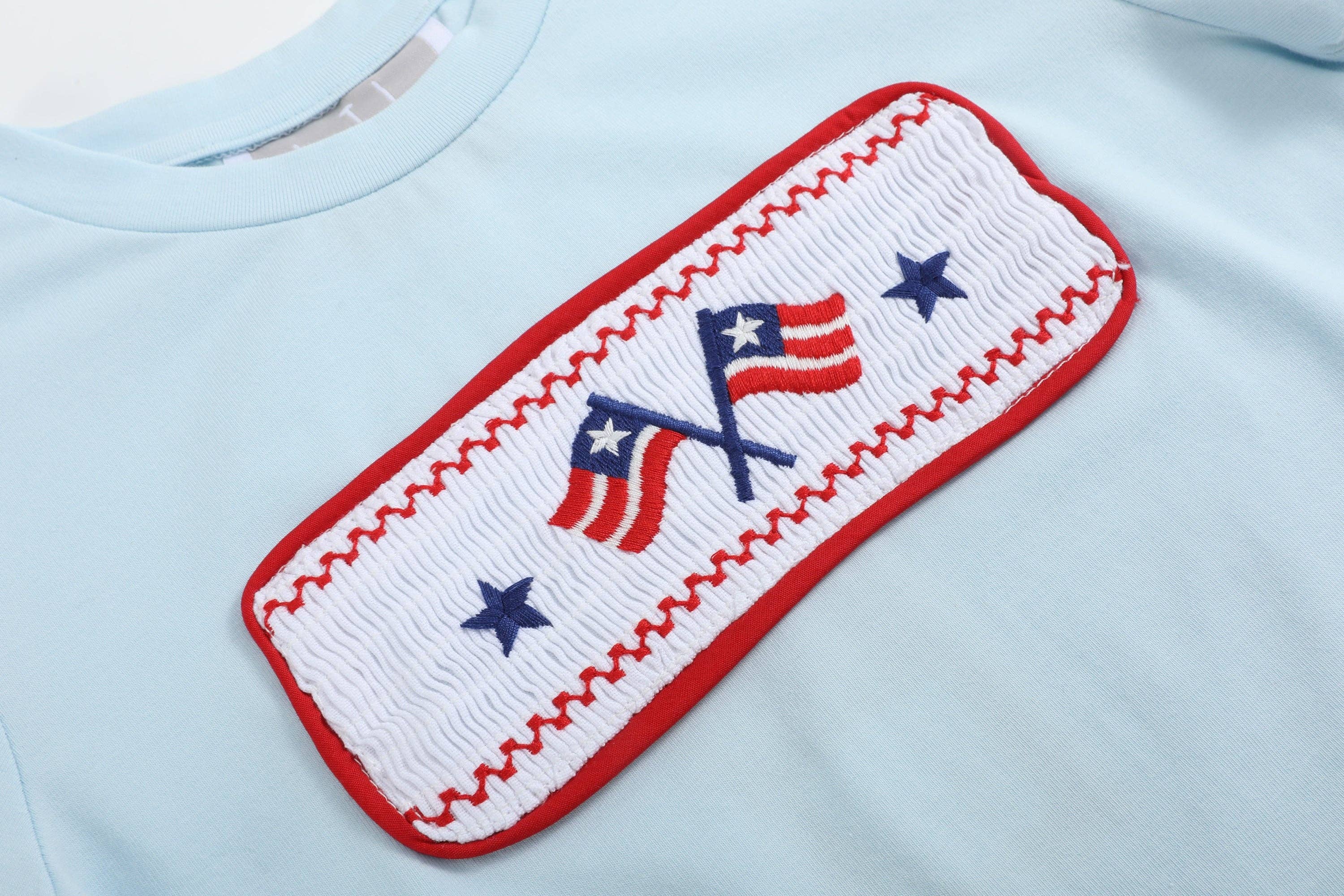Light Blue USA Flag Smocked T-Shirt and Shorts Set - LuLLabY LaNe