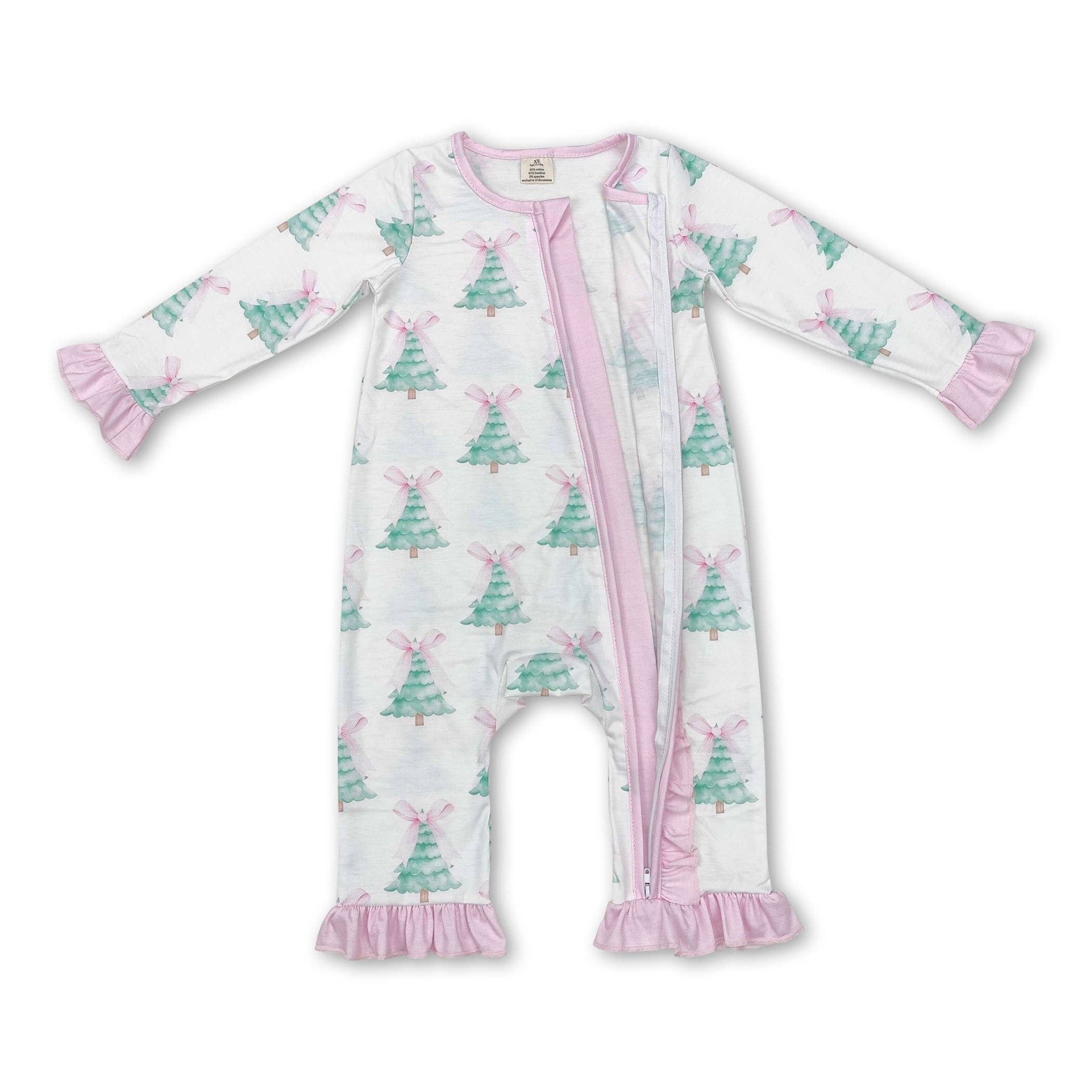 Pink bow Christmas tree baby girls bamboo zipper romper - LuLLabY LaNe